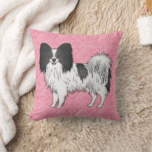 Black And White Papillon Cute Dog On Pink Hearts Cushion