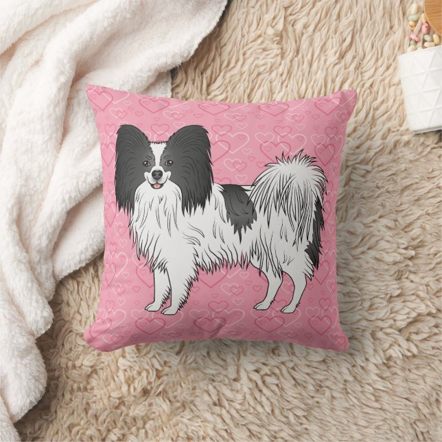 Black And White Papillon Cute Dog On Pink Hearts Cushion (Blanket)