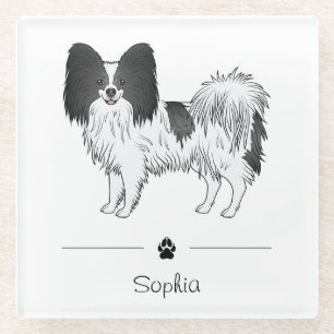 Black And White Papillon Cute Dog With Custom Text Glass Coaster