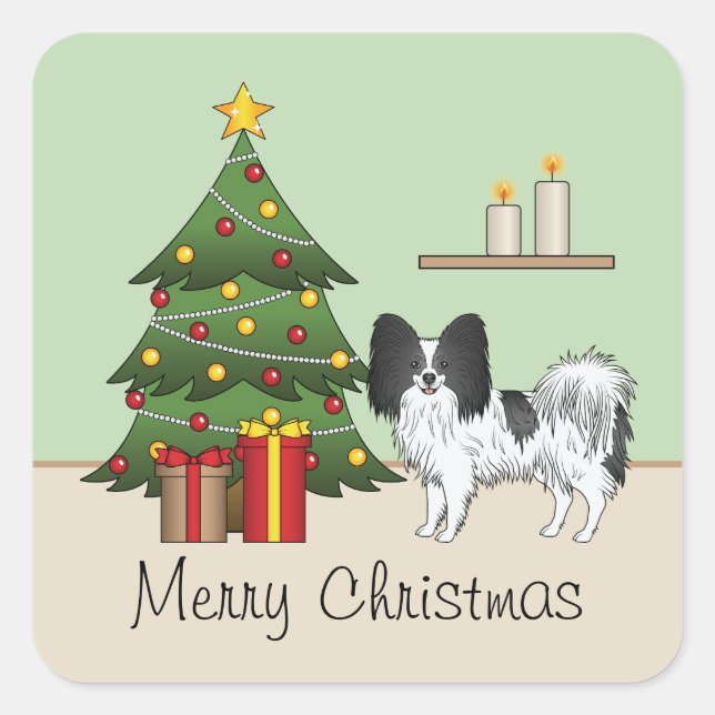 Black And White Papillon Dog By A Christmas Tree Square Sticker (Front)