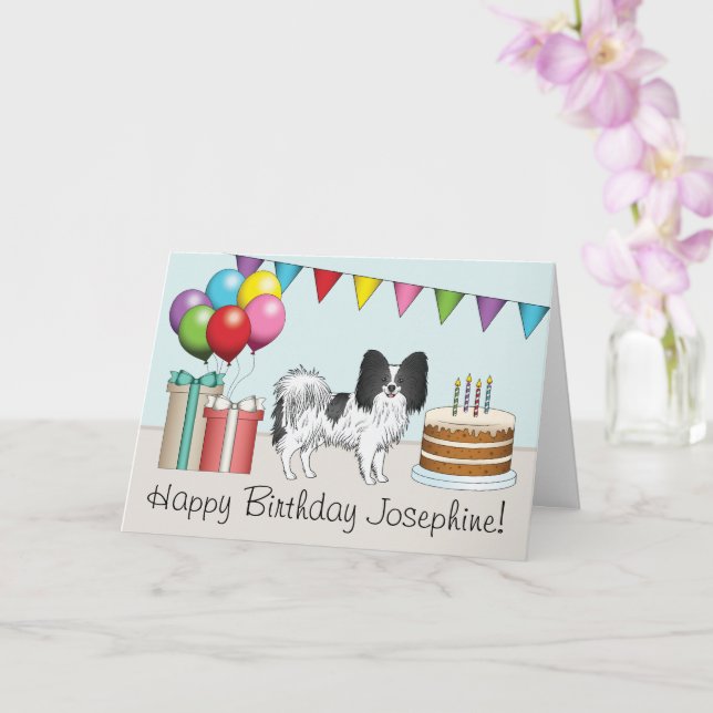 Black And White Papillon Dog Colourful Birthday Card (Orchid)