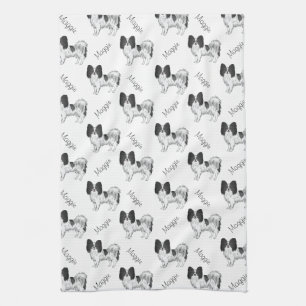 Black And White Papillon Dog Pattern With Name Tea Towel