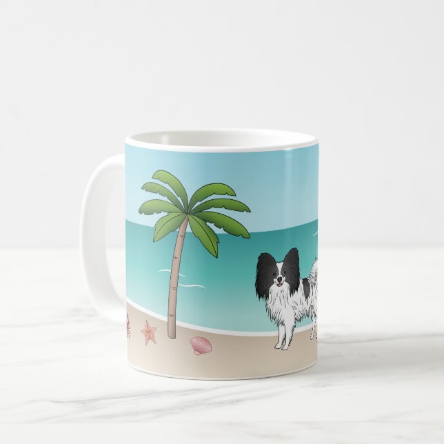 Black And White Papillon Dog Tropical Summer Beach Coffee Mug (Front Left)