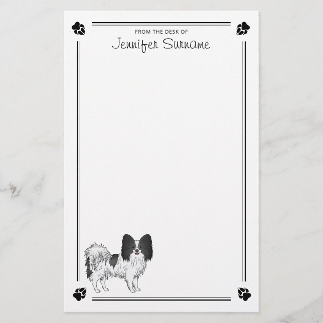 Black And White Papillon Dog With Paws And Text Stationery (Front)