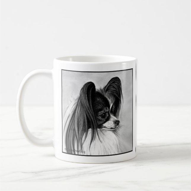 Black and White Papillon Drawing by Glenda Harlan Coffee Mug (Left)