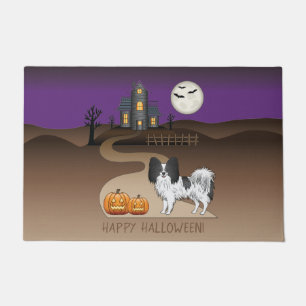 Black And White Papillon & Halloween Haunted House Doormat