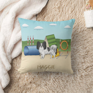 Black And White Papillon With Agility Equipment Cushion