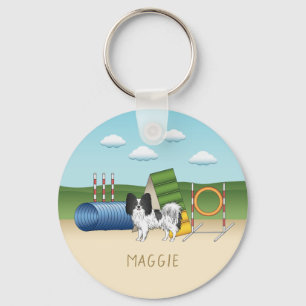 Black And White Papillon With Agility Equipment Key Ring
