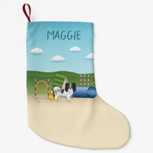 Black And White Papillon With Agility Equipment Small Christmas Stocking