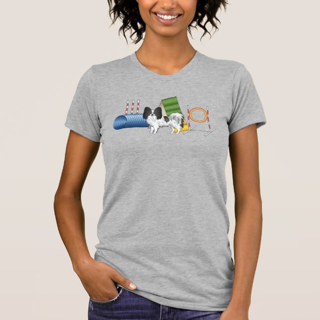 Black And White Papillon With Agility Equipment T-Shirt (Front)