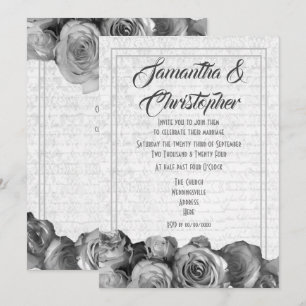 Black and white parchment floral wedding invitation