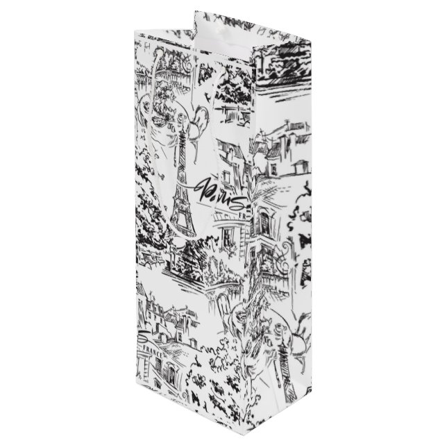 Black and White Paris Eiffel Toile  Wine Gift Bag (Back Angled)