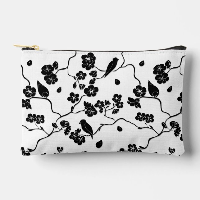 Black and White Pattern Birds on Cherry Blossoms   Accessory Pouch (Front)