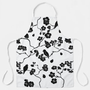 Black and White Pattern Birds on Cherry Blossoms Apron
