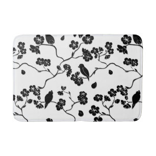 Black and White Pattern Birds on Cherry Blossoms   Bath Mat