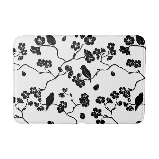 Black and White Pattern Birds on Cherry Blossoms   Bath Mat (Front)