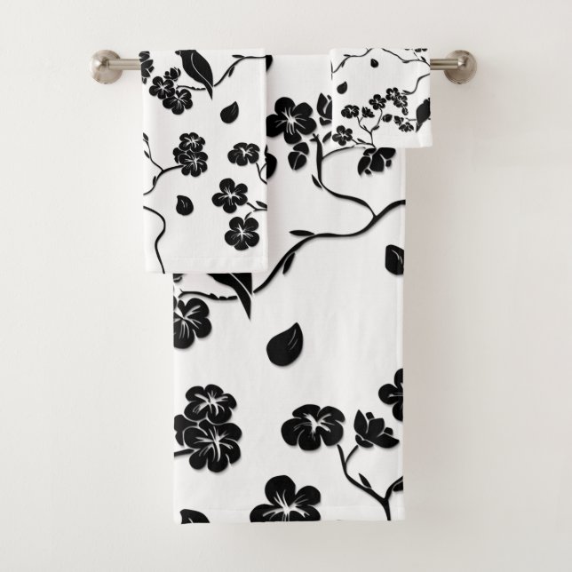 Black and White Pattern Birds on Cherry Blossoms Bath Towel Set (Insitu)