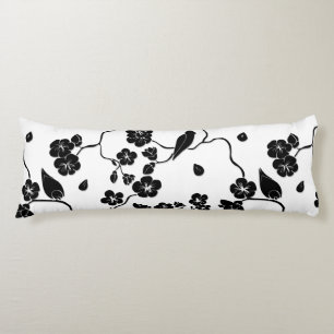 Black and White Pattern Birds on Cherry Blossoms Body Cushion