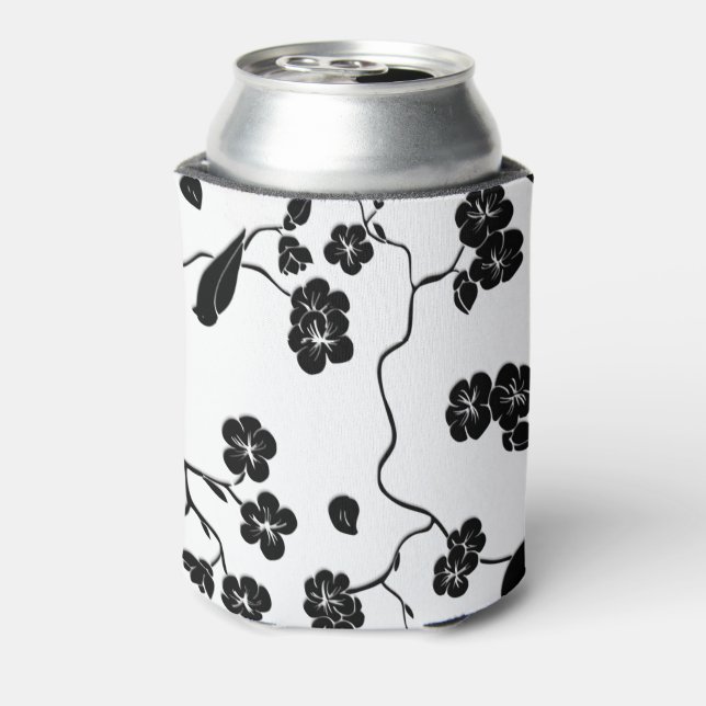 Black and White Pattern Birds on Cherry Blossoms Can Cooler (Can Back)