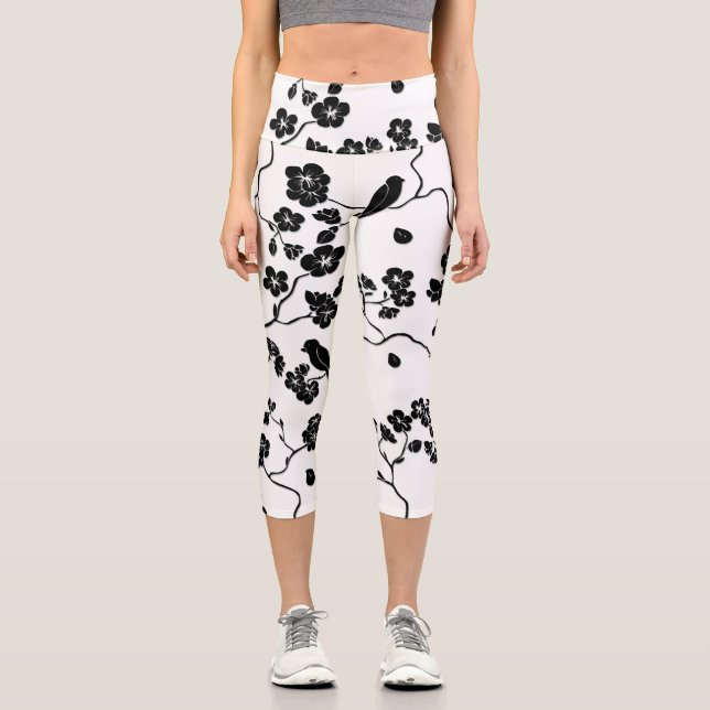 Black and White Pattern Birds on Cherry Blossoms   Capri Leggings (Front)