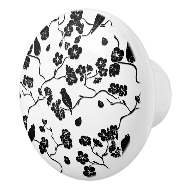 Black and White Pattern Birds on Cherry Blossoms Ceramic Knob (Right)