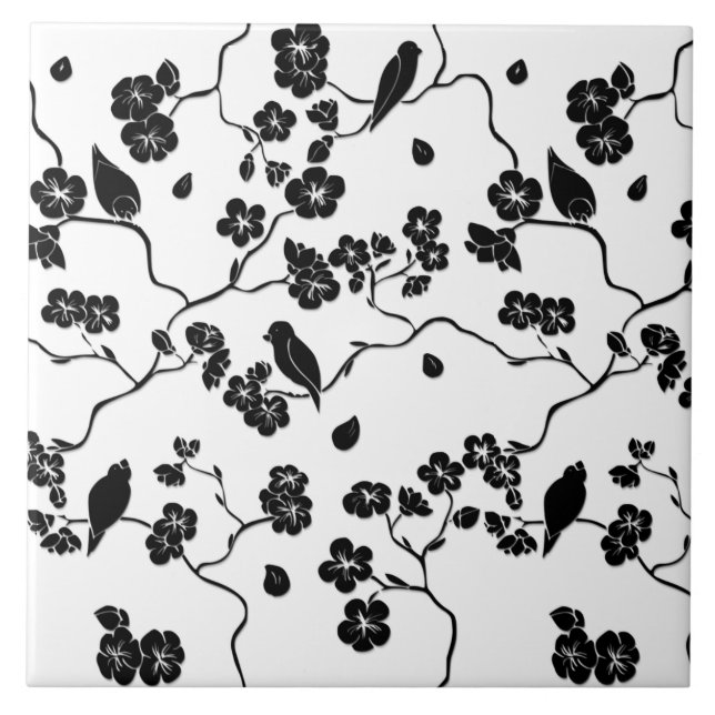 Black and White Pattern Birds on Cherry Blossoms   Ceramic Tile (Front)