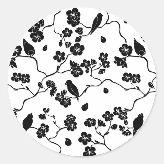 Black and White Pattern Birds on Cherry Blossoms   Classic Round Sticker (Front)