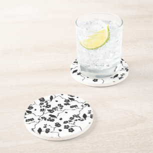 Black and White Pattern Birds on Cherry Blossoms Coaster