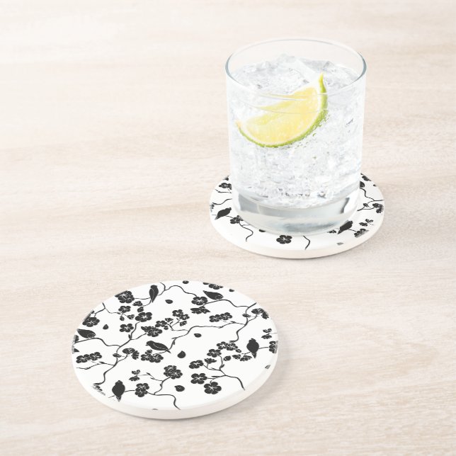 Black and White Pattern Birds on Cherry Blossoms   Coaster (Side)