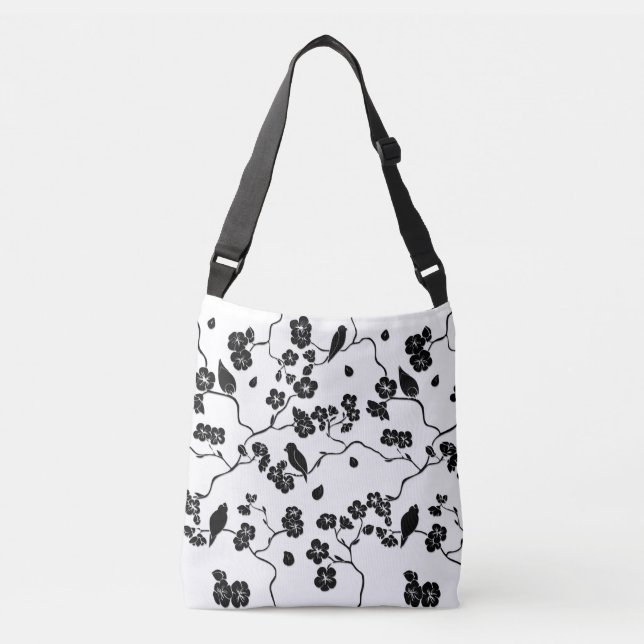 Black and White Pattern Birds on Cherry Blossoms   Crossbody Bag (Front)