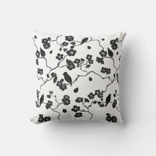 Black and White Pattern Birds on Cherry Blossoms   Cushion