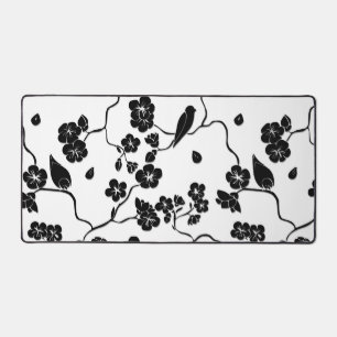 Black and White Pattern Birds on Cherry Blossoms   Desk Mat