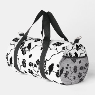 Black and White Pattern Birds on Cherry Blossoms Duffle Bag