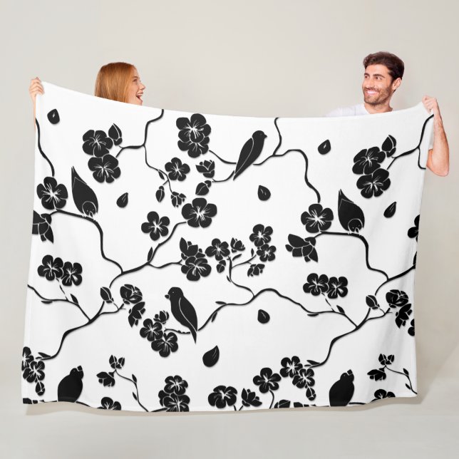 Black and White Pattern Birds on Cherry Blossoms Fleece Blanket (In Situ)