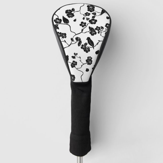 Black and White Pattern Birds on Cherry Blossoms Golf Head Cover (Front)