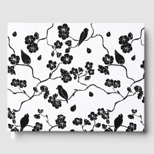 Black and White Pattern Birds on Cherry Blossoms Guest Book