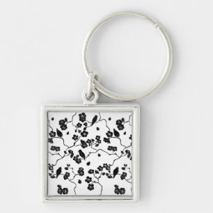 Black and White Pattern Birds on Cherry Blossoms   Key Ring