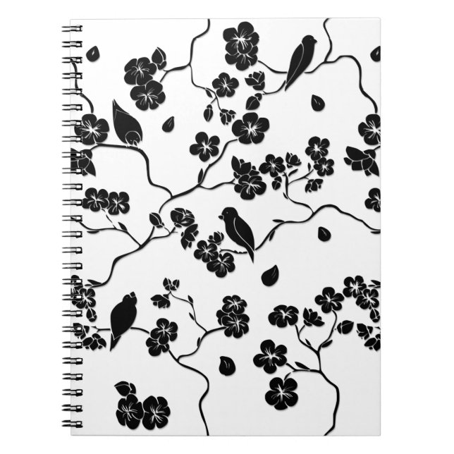 Black and White Pattern Birds on Cherry Blossoms Notebook (Front)