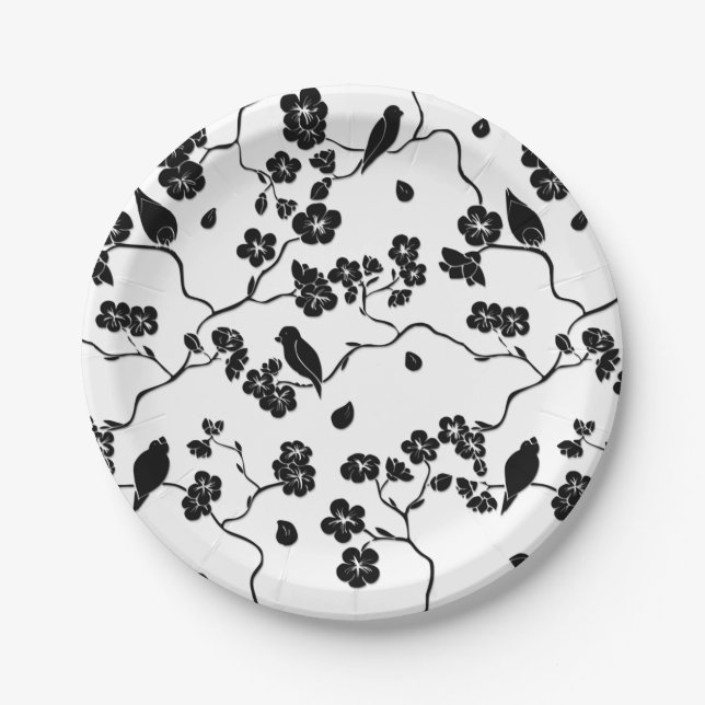 Black and White Pattern Birds on Cherry Blossoms Paper Plate (Front)
