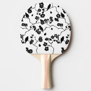Black and White Pattern Birds on Cherry Blossoms Ping Pong Paddle