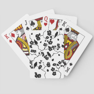Black and White Pattern Birds on Cherry Blossoms   Playing Cards