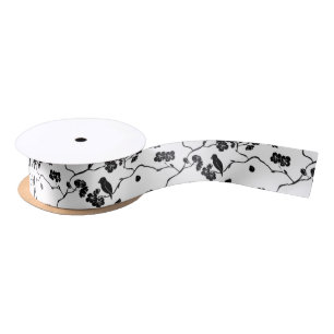Black and White Pattern Birds on Cherry Blossoms Satin Ribbon