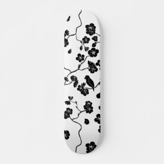 Black and White Pattern Birds on Cherry Blossoms Skateboard