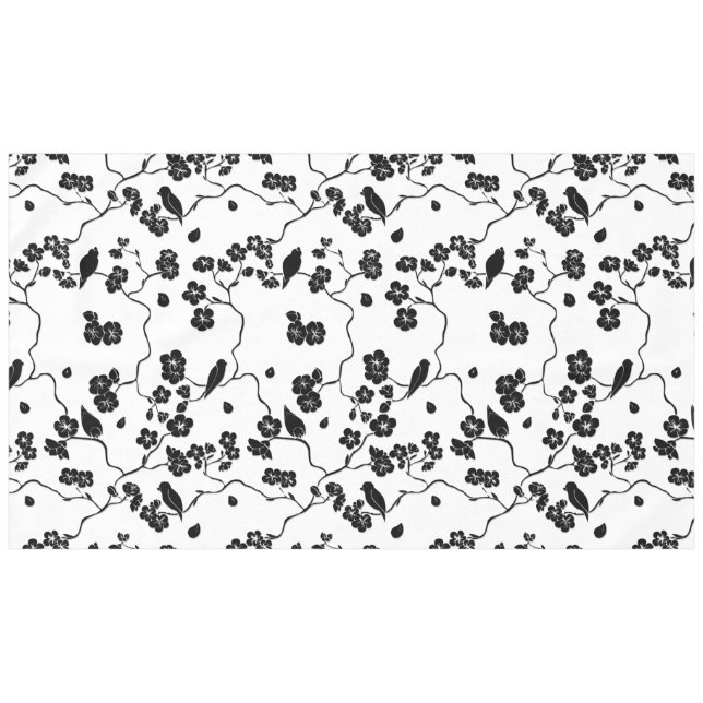 Black and White Pattern Birds on Cherry Blossoms   Tablecloth (Front (Horizontal))
