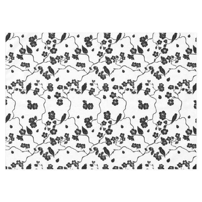 Black and White Pattern Birds on Cherry Blossoms Tablecloth (Front (Horizontal))