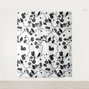 Black and White Pattern Birds on Cherry Blossoms   Tapestry
