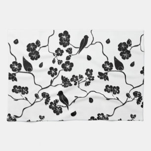 Black and White Pattern Birds on Cherry Blossoms Tea Towel