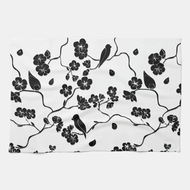 Black and White Pattern Birds on Cherry Blossoms Tea Towel (Horizontal)