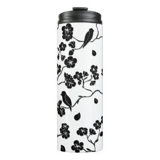 Black and White Pattern Birds on Cherry Blossoms Thermal Tumbler