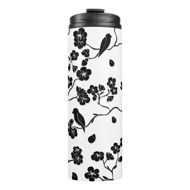 Black and White Pattern Birds on Cherry Blossoms Thermal Tumbler (Front)